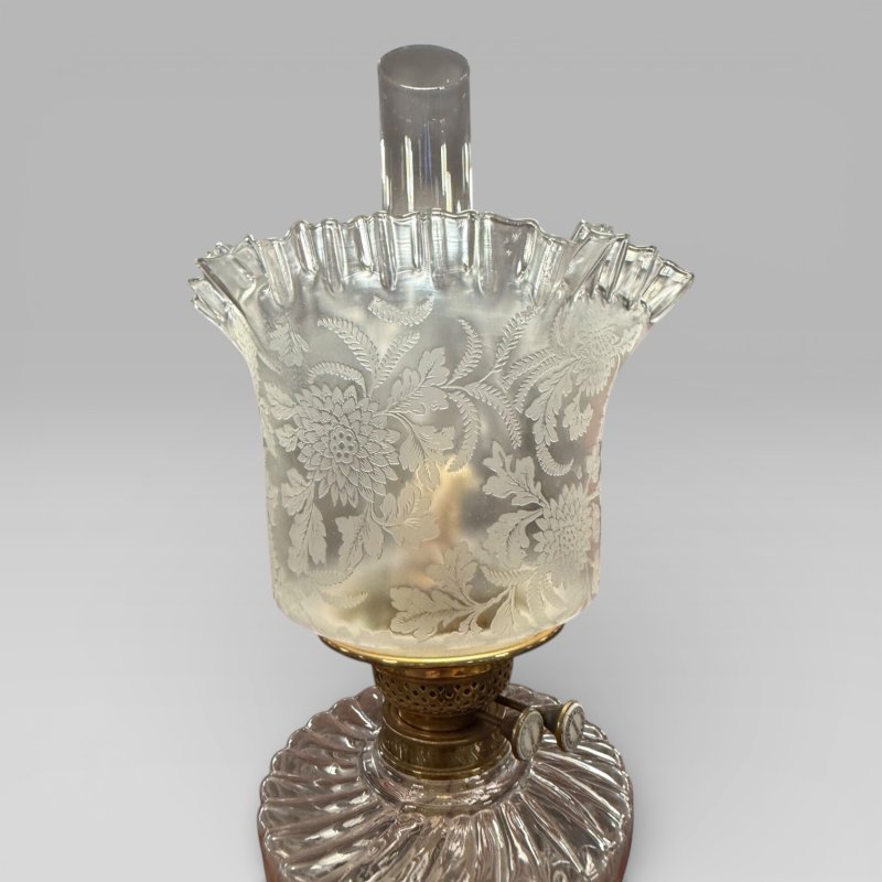 Antique Victorian Duplex Etched Glass Tulip Shade Oil Lamp With Brass Column - Image 10